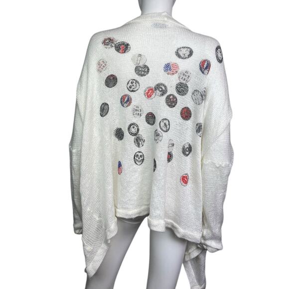 Lauren Moshi Women's M/L White Knit Graphic Band Patches Open Cardigan EUC - Picture 1 of 5